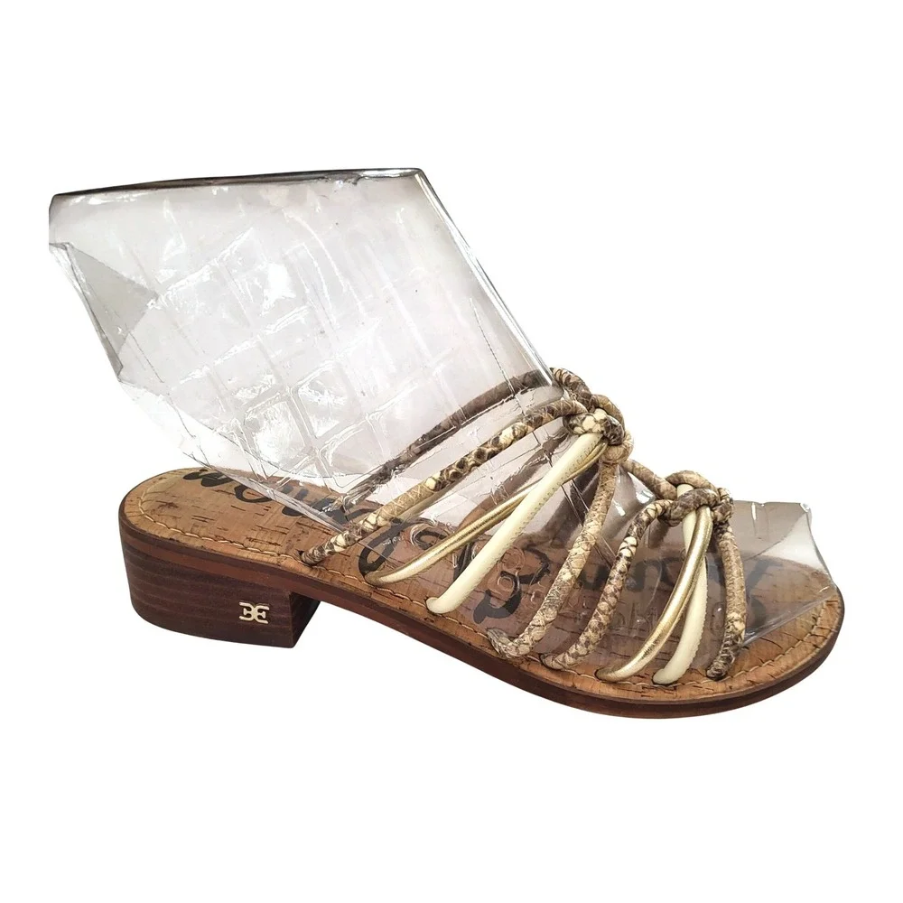 Sam Edelman Jazzie Snakeskin Metallic Gold Multi Strap Cork Slide Sandals 7.5M - Picture 2 of 9